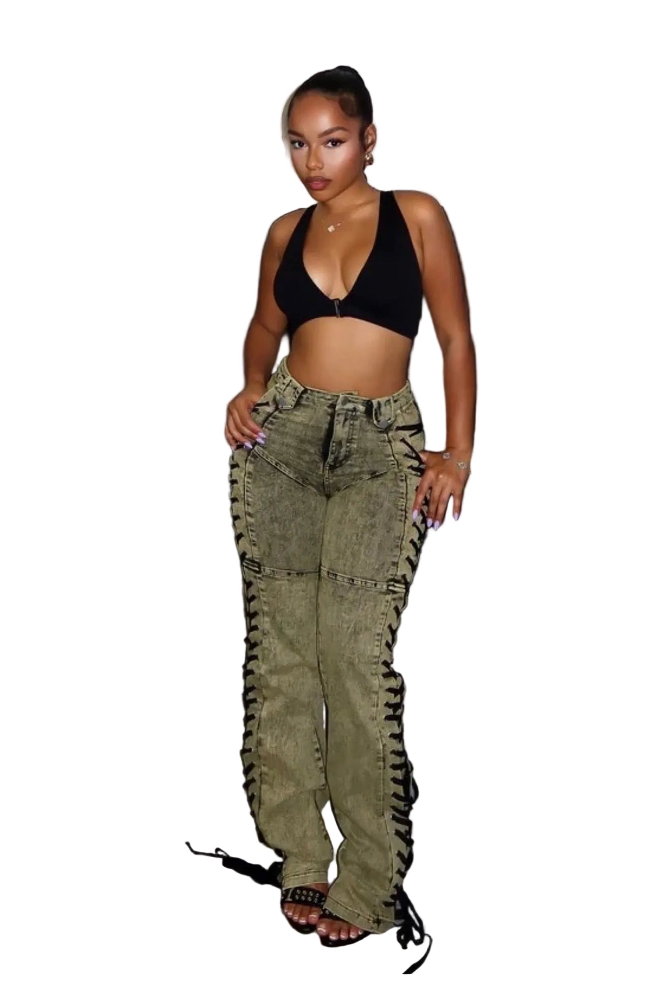 Women Trendy Lace-Up Denim Pants