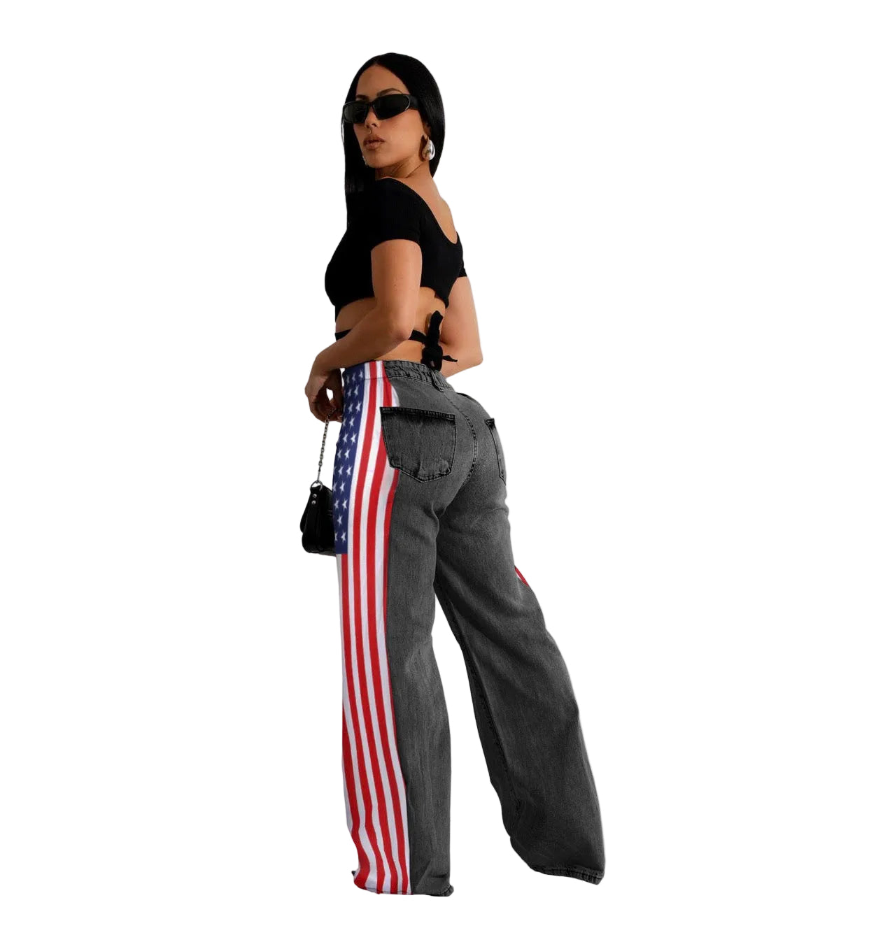 Women American Flag Printed Elastic Wide Leg Denim Pants