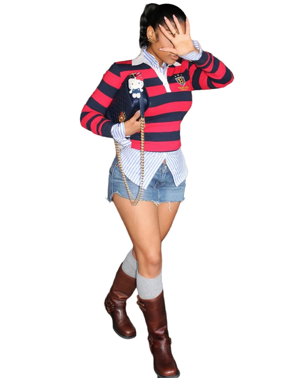 Women Casual Striped Color Block Turndown Collar Polo Top