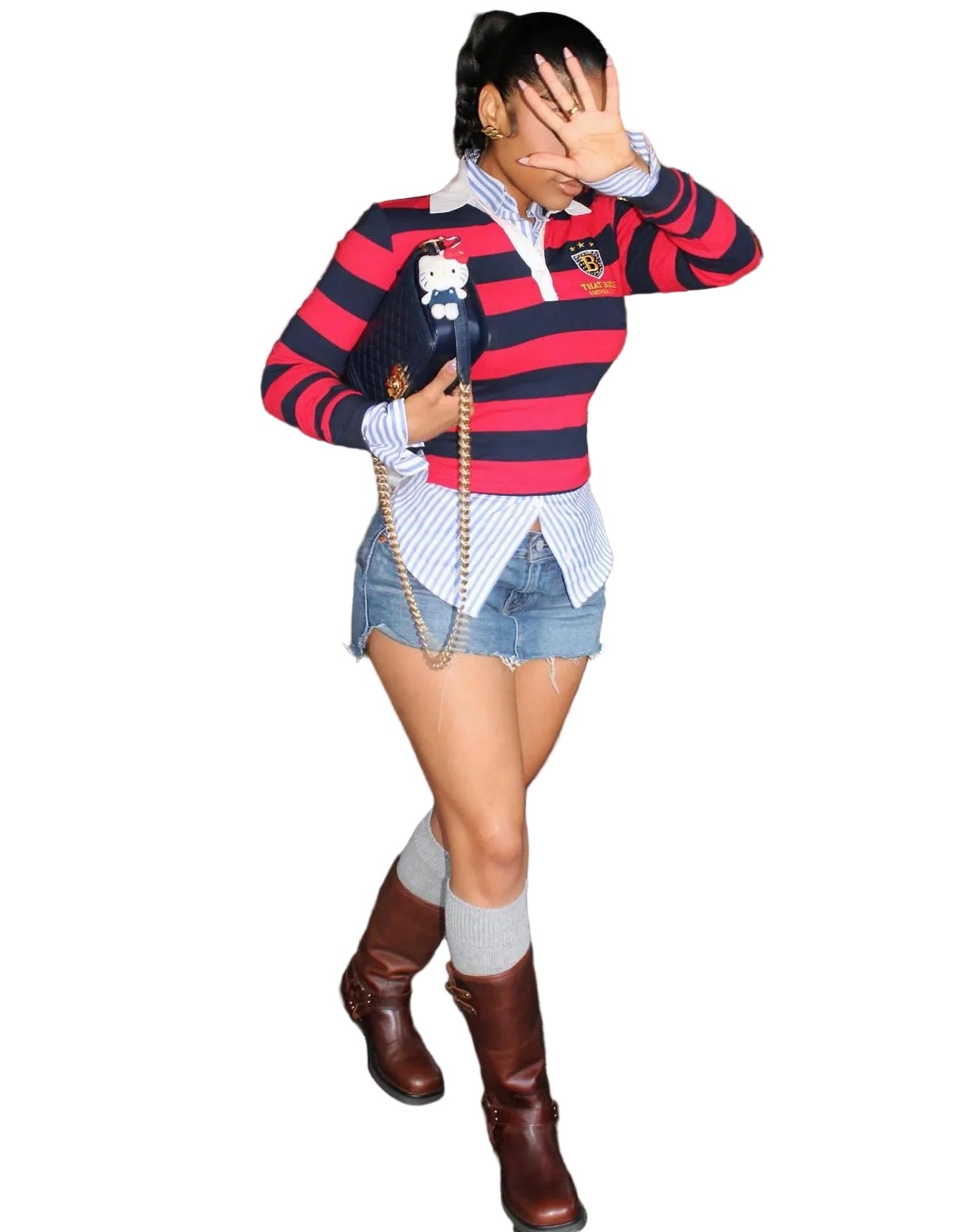 Women Casual Striped Color Block Turndown Collar Polo Top