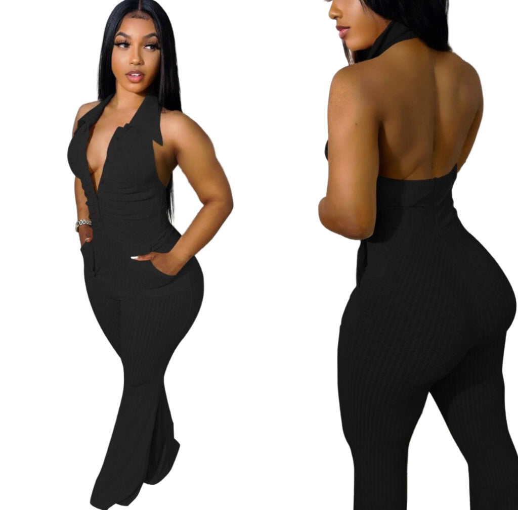 Women's Solid Sexy Low Back Halter Neck Turndown Collar Jumpsuit for Trendy Outfits Bodysuit Womenswear Basic Minimalist Tops Sleeveless