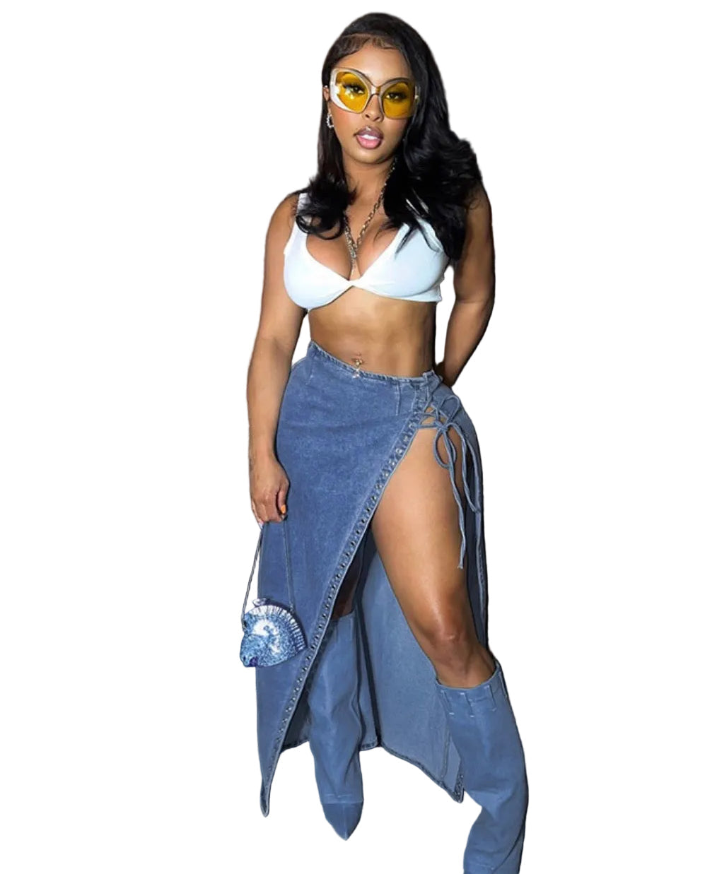 Women Lace-Up Side Slit Denim Skirt