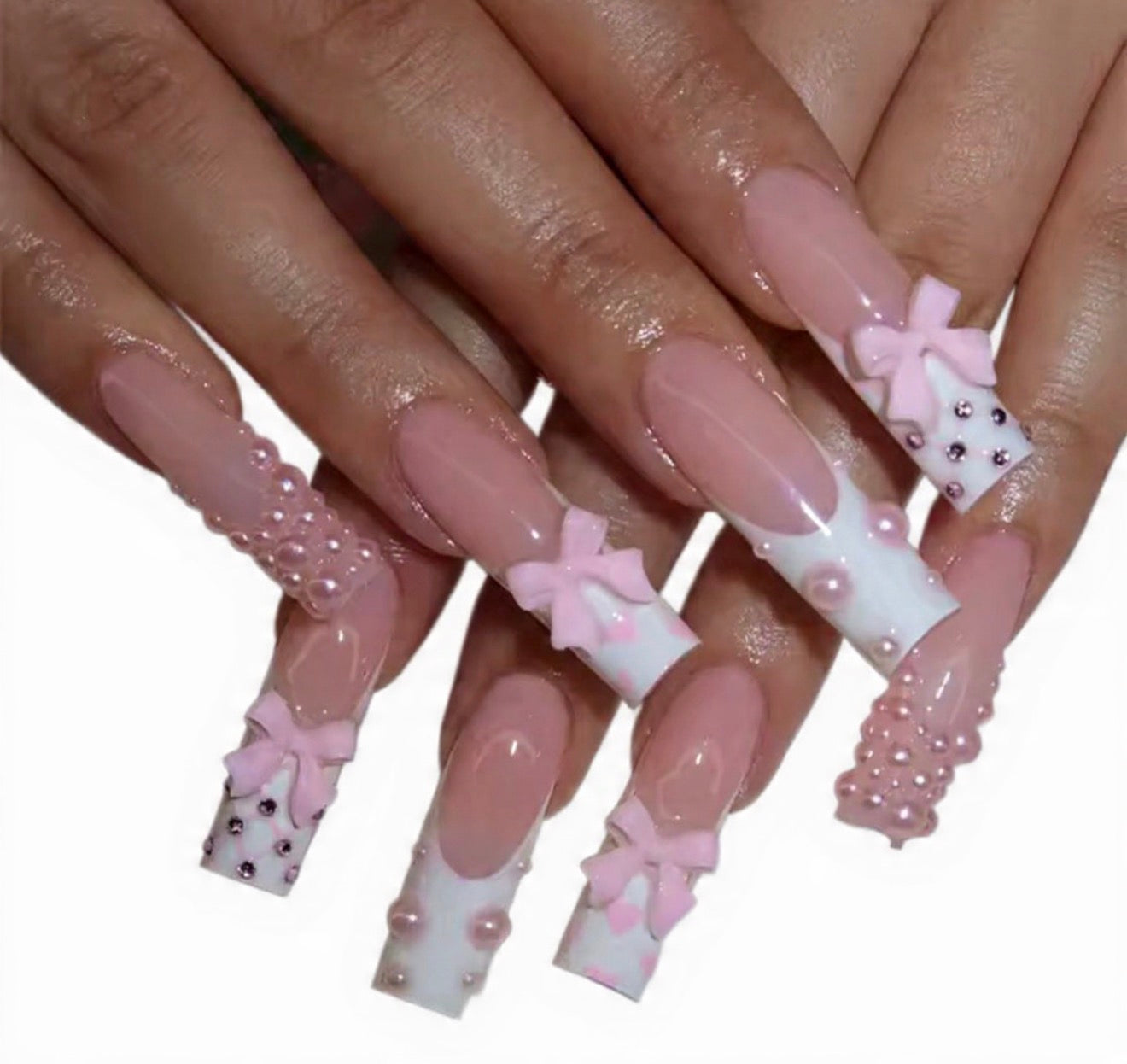 Pink Ribbon Coffin Press-On Nails – 24-Piece Long French Tip Set with Pearls and Bows