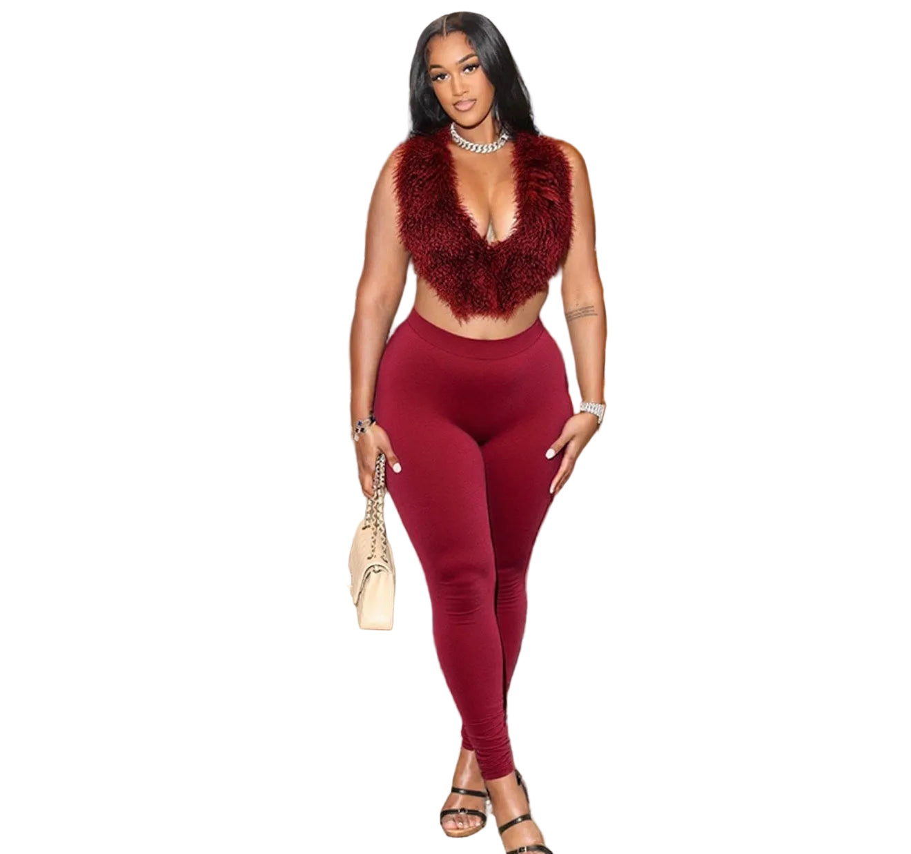Women's Plush Halter Neck Deep Low Back Lace-Up Tight-Fitting Pants Set