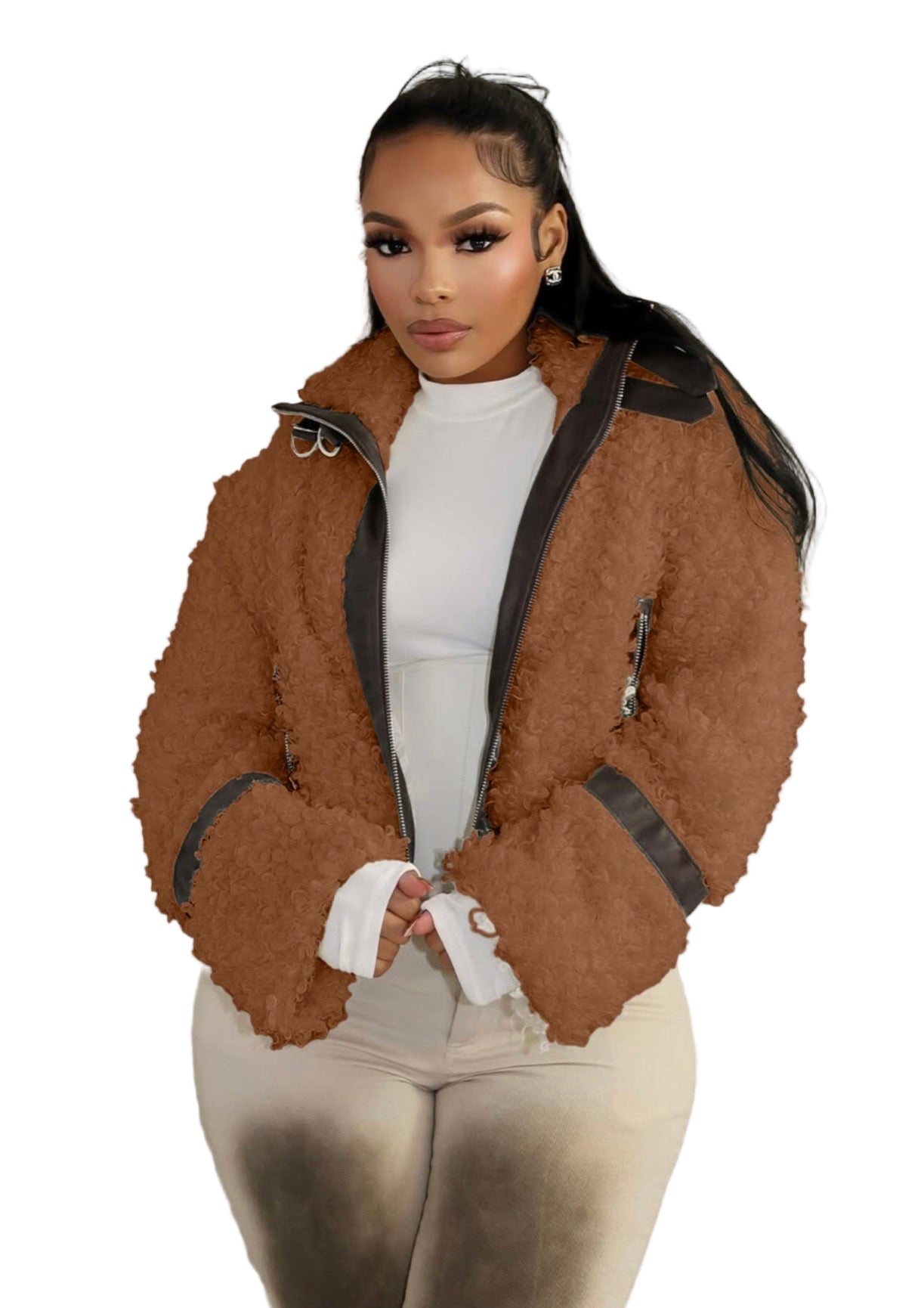 Women Casual Winter Fur Collar Patchwork Pu-Leather Coat