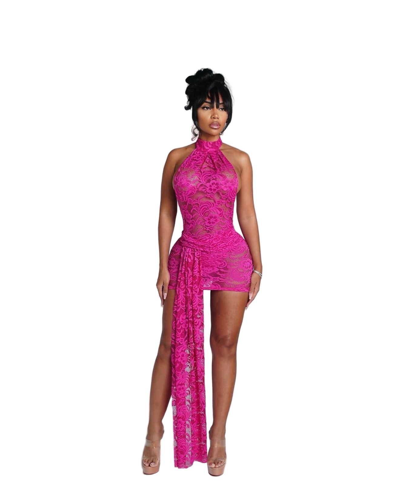 Women Solid Lace Hollow-Out Sexy Ribbon Sleeveless Bodycon Dress