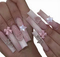 24Pcs Pink Bow Glitter Diamond Press-On Nails – Long Square Gel False Nails with Heart and Star Accents