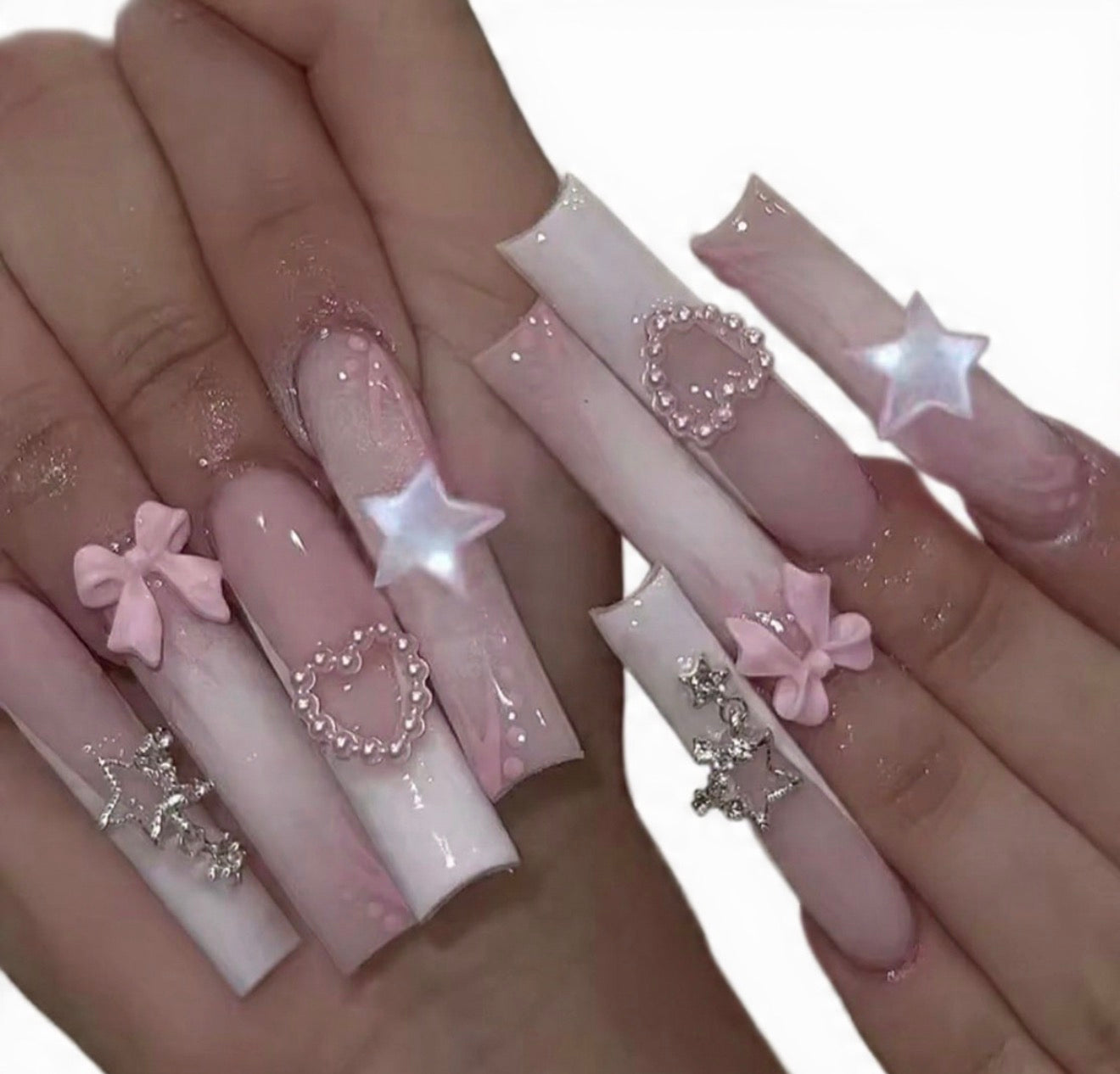 24Pcs Pink Bow Glitter Diamond Press-On Nails – Long Square Gel False Nails with Heart and Star Accents