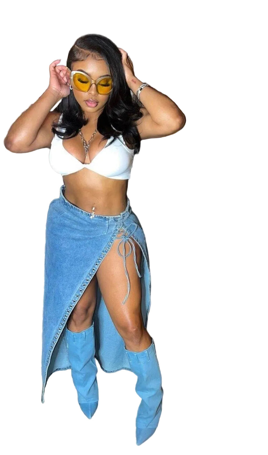 Women Lace-Up Side Slit Denim Skirt