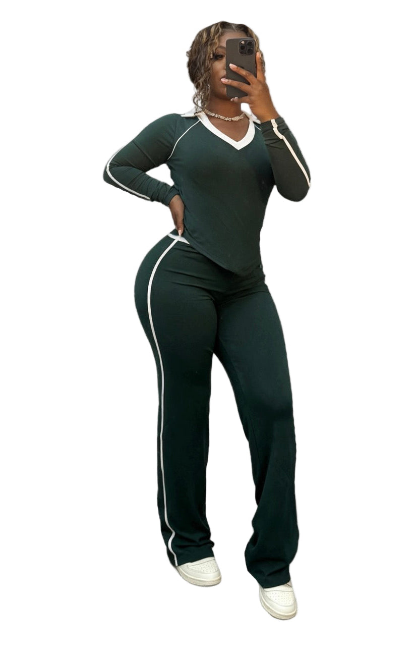 Women's Fashion Sport Casual Color Block Patchwork Turndown Collar High-Waist Two Piece Pants Set
