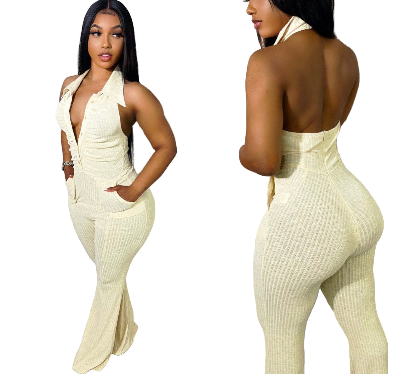 Women's Solid Sexy Low Back Halter Neck Turndown Collar Jumpsuit for Trendy Outfits Bodysuit Womenswear Basic Minimalist Tops Sleeveless