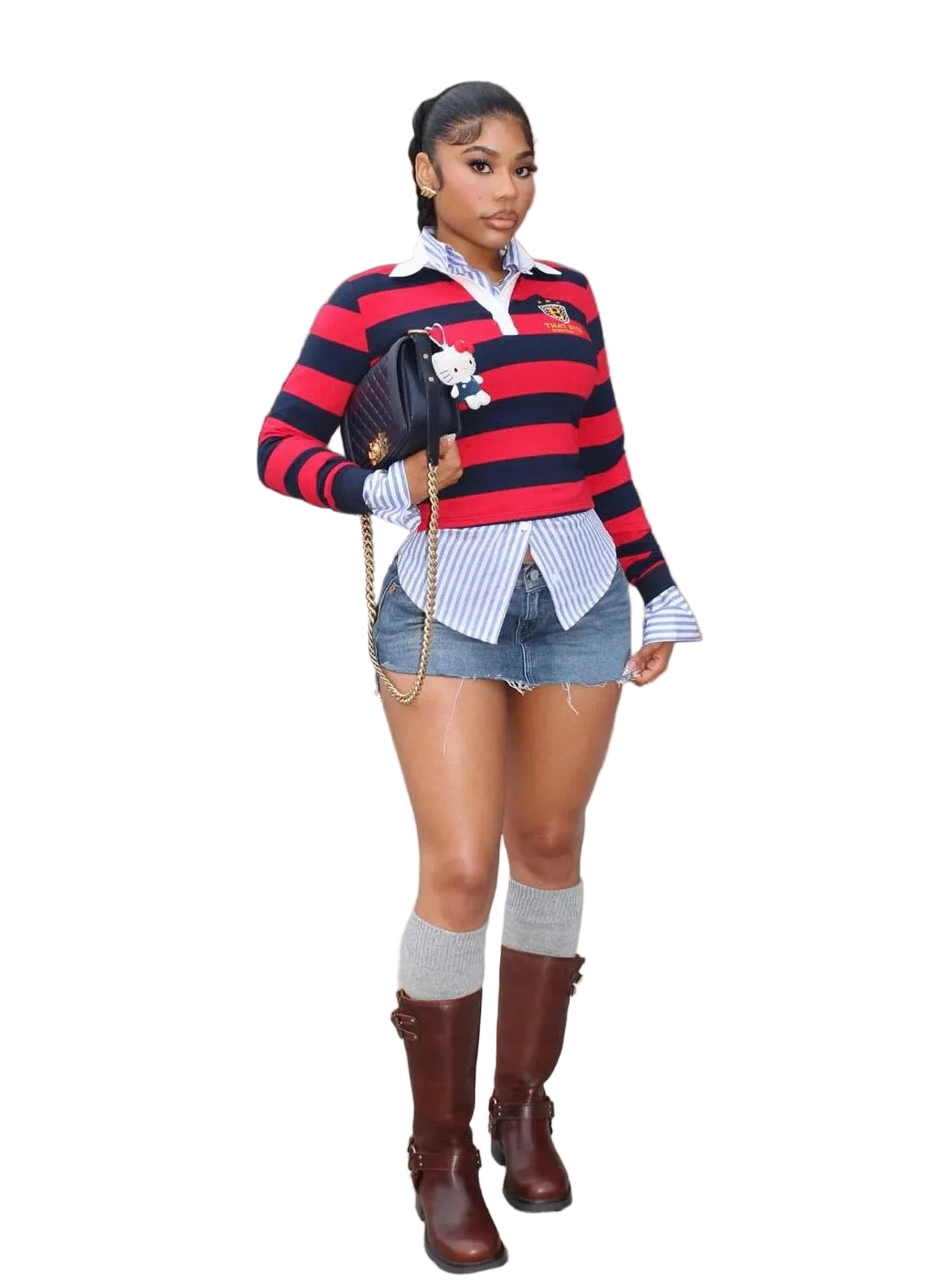 Women Casual Striped Color Block Turndown Collar Polo Top