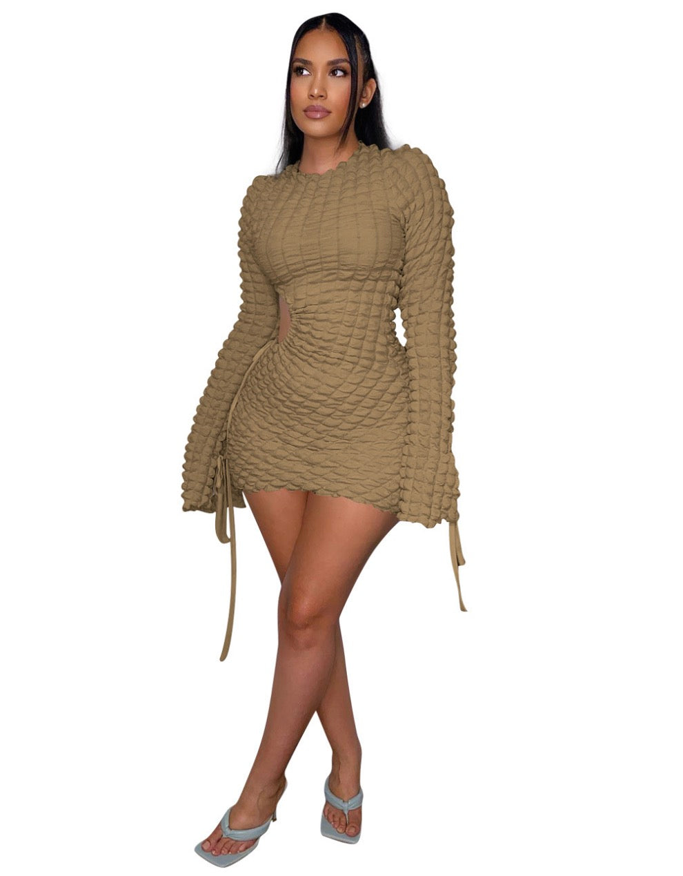 Women Fashion Drawstring Plaid Sexy Cutout Bodycon Dress