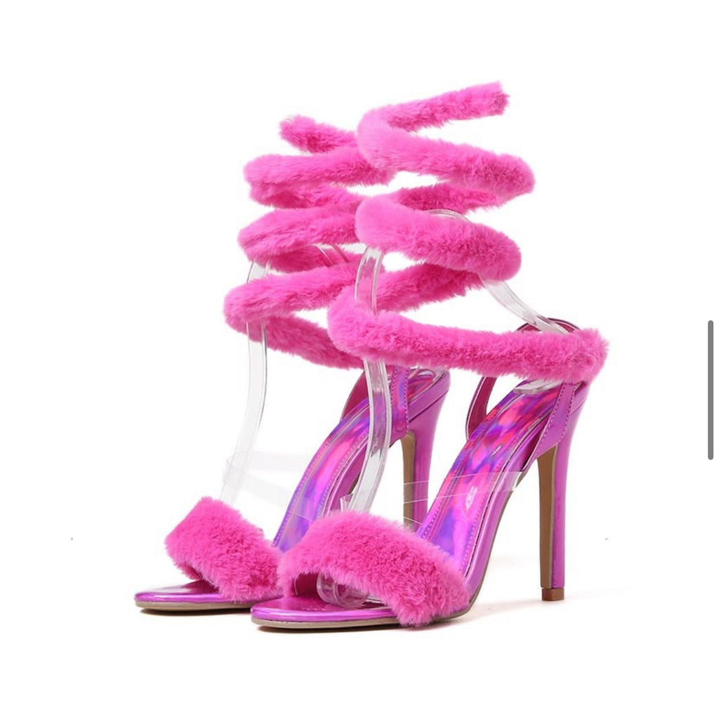 Plus Size Furry One-Piece High Heels Women's Shoes Winding Snake-Shaped Square Toe Stiletto Sandals