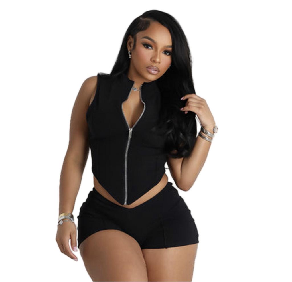 Spring Summer Women's Zipper Turndown Collar Sleeveless Crop Top High Waist Tight Shorts Two Piece Set