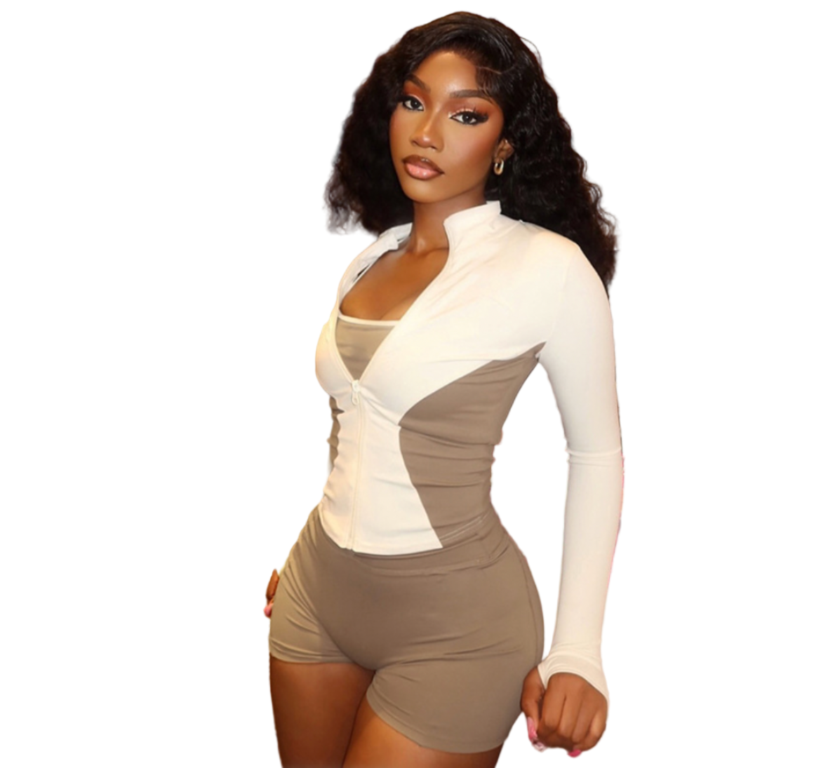 Women Stand Collar Contrast Patchwork Long Sleeve Finger Zipper Top Knot Shorts Two-Piece Set