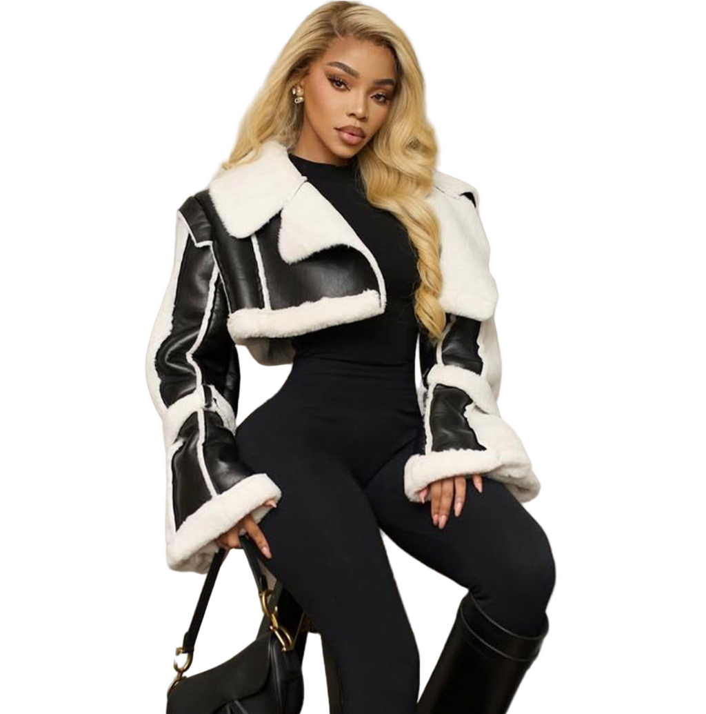 Autumn High Street PU Leather Patchwork Fur Collar Cropped Jacket Autumn High Street PU Leather Patchwork Fur Collar Cropped Jacket