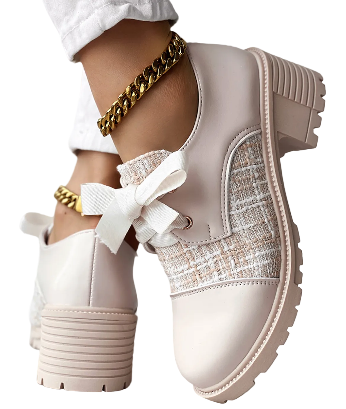 Women's autumn shoes thick heels and plaid patchwork leather shoes