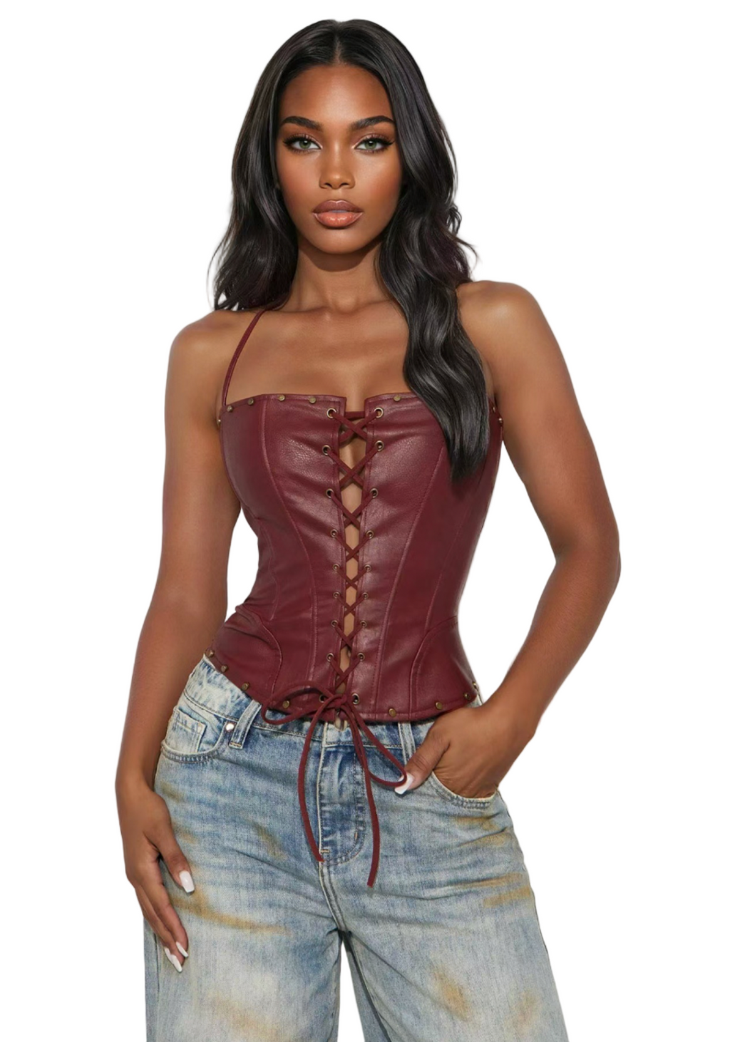 Women's Autumn Streetwear Sexy PU Leather Lace-Up Strapless Halter Neck Fitted Top