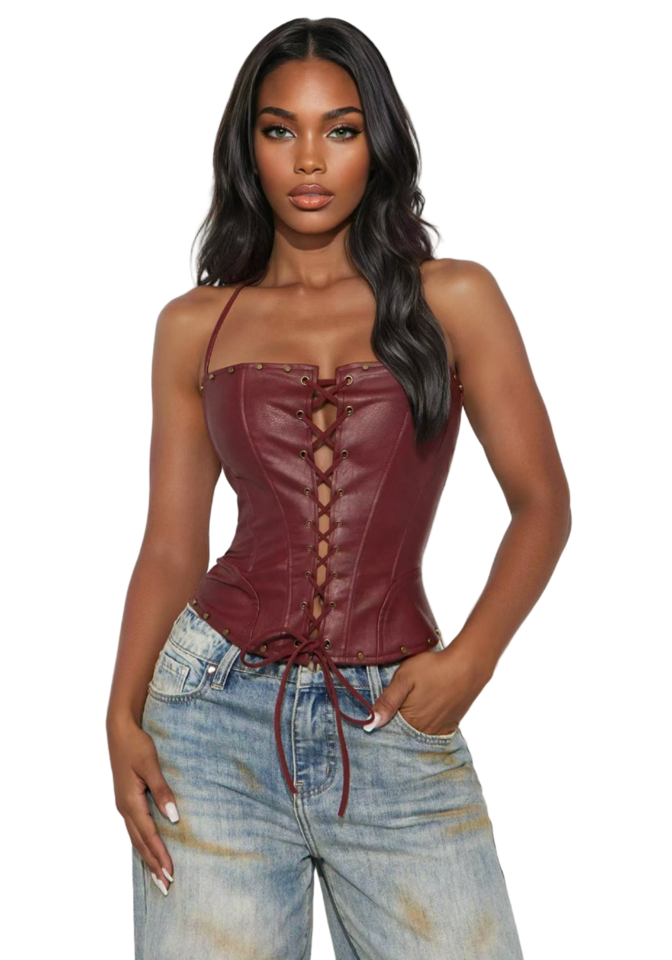 Women's Autumn Streetwear Sexy PU Leather Lace-Up Strapless Halter Neck Fitted Top