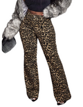 Women Stretchy Leopard Print Bell Bottom Denim Pants