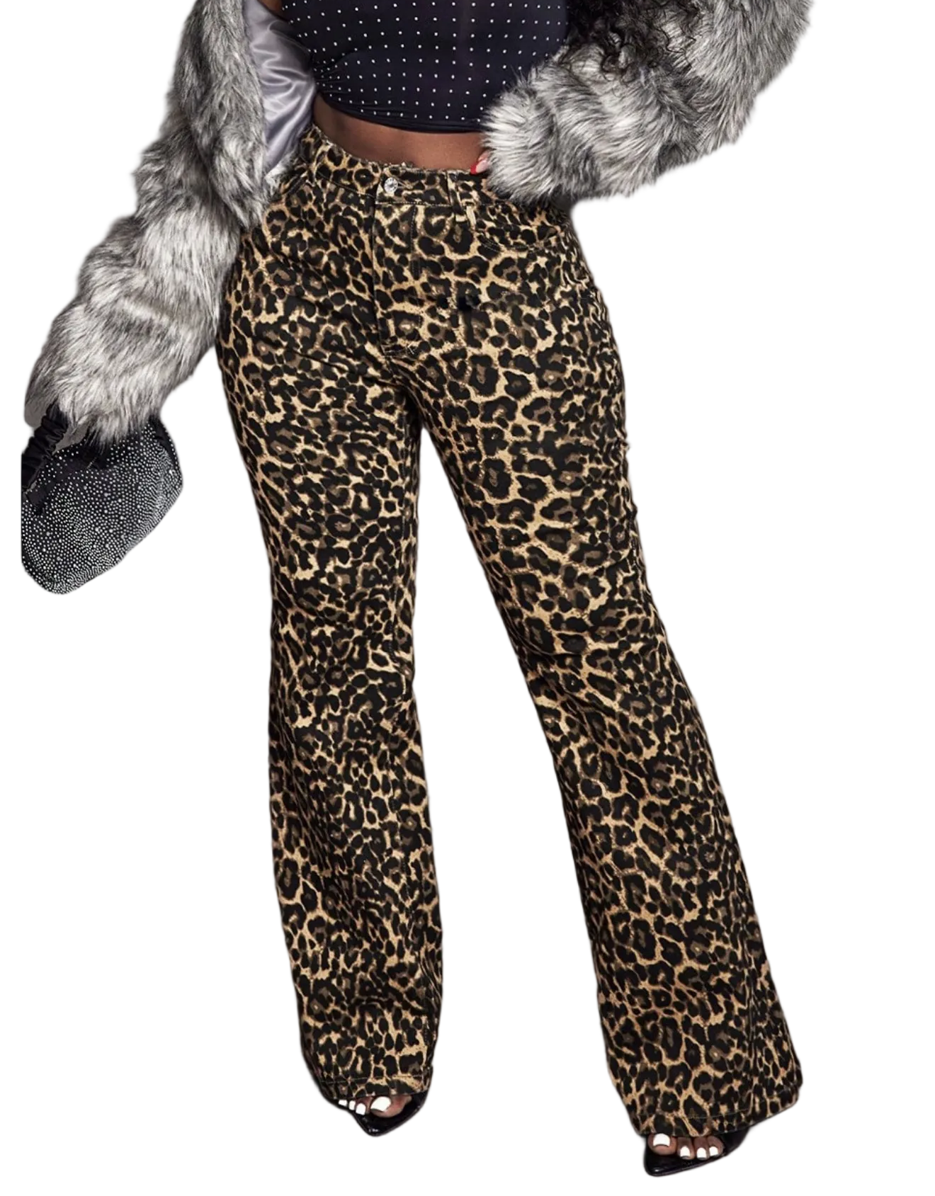 Women Stretchy Leopard Print Bell Bottom Denim Pants