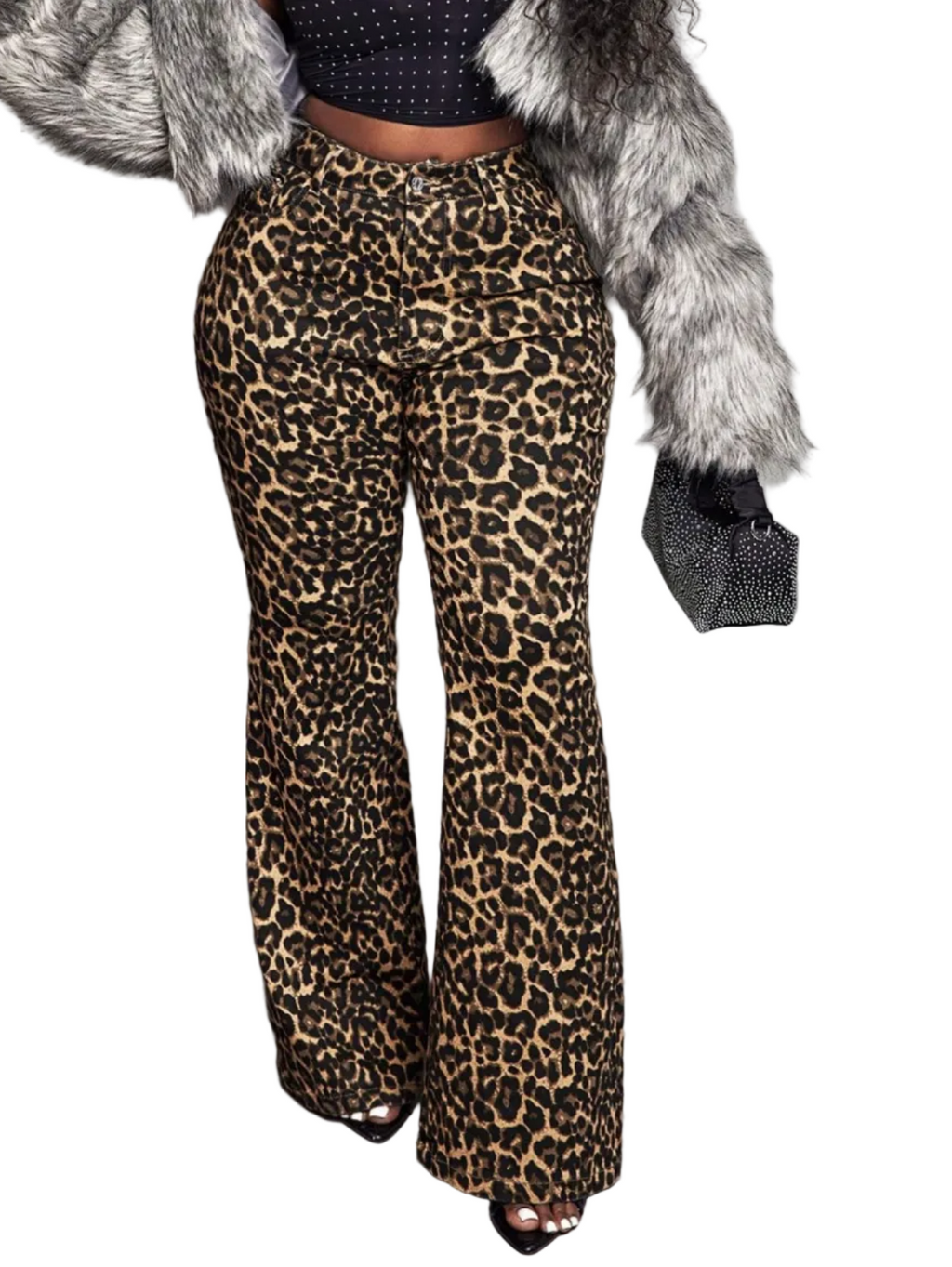 Women Stretchy Leopard Print Bell Bottom Denim Pants
