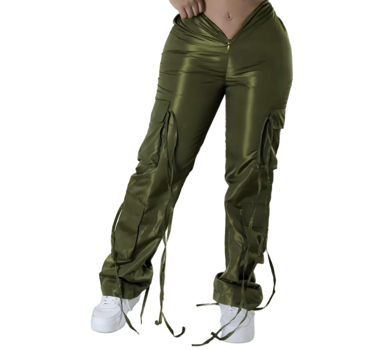 Women's Zip Lace-Up Solid Green Casual Trousers