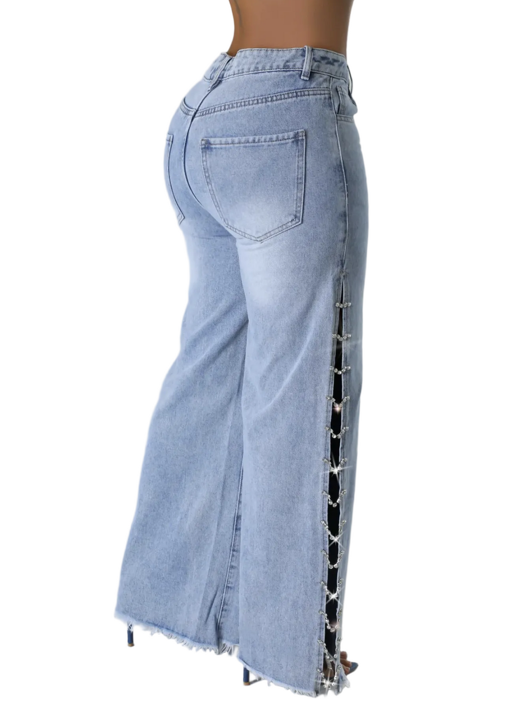 Women Side Slit Metal Chain Denim Pants