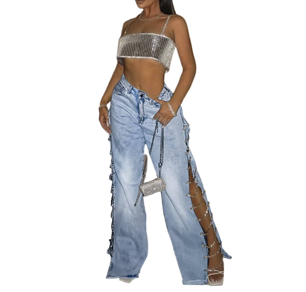 Women Side Slit Metal Chain Denim Pants