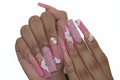 Pink Floral Glitter Coffin Press-On Nails – 24-Piece Set