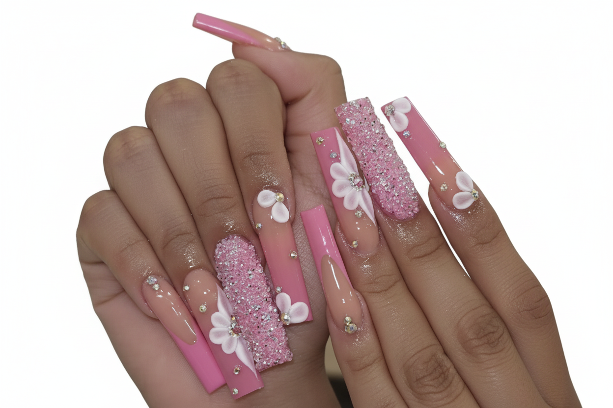 Pink Floral Glitter Coffin Press-On Nails – 24-Piece Set