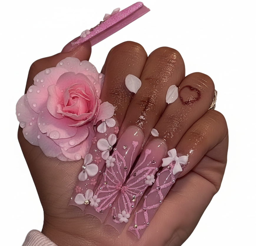 Pink Floral Ribbon Coffin Press-On Nail Set – 24 Pieces