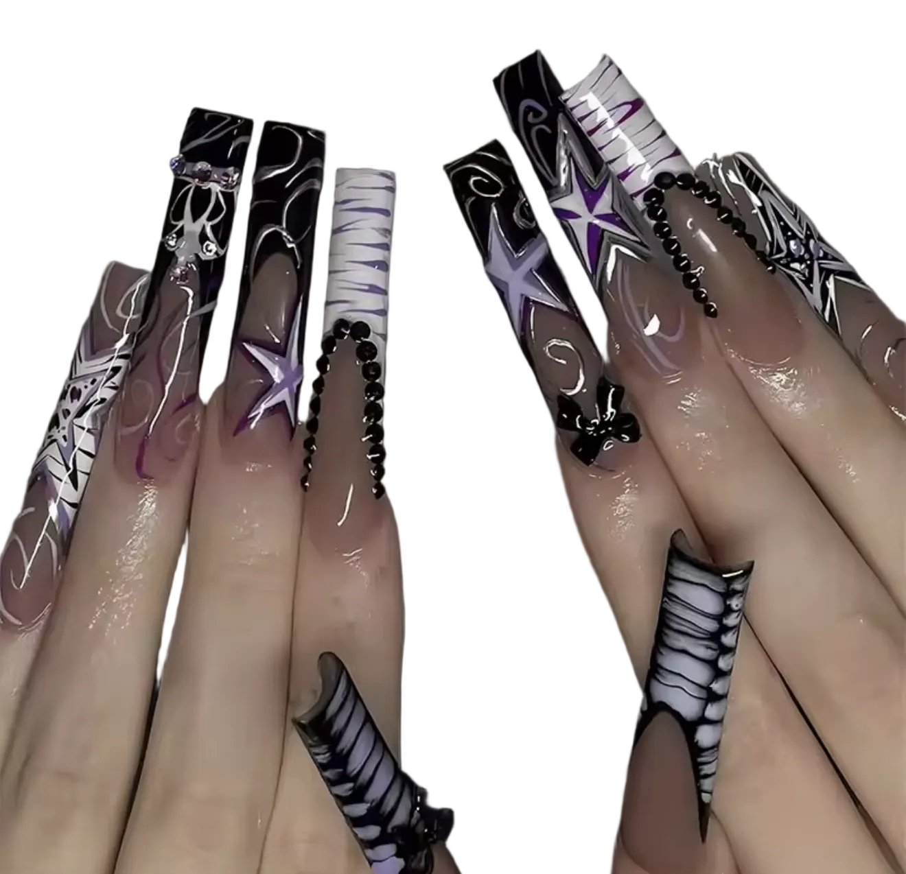 Gothic Purple Coffin Press-On Nails – 24-Piece Long French Tips with Ribbon and Swirl Designs