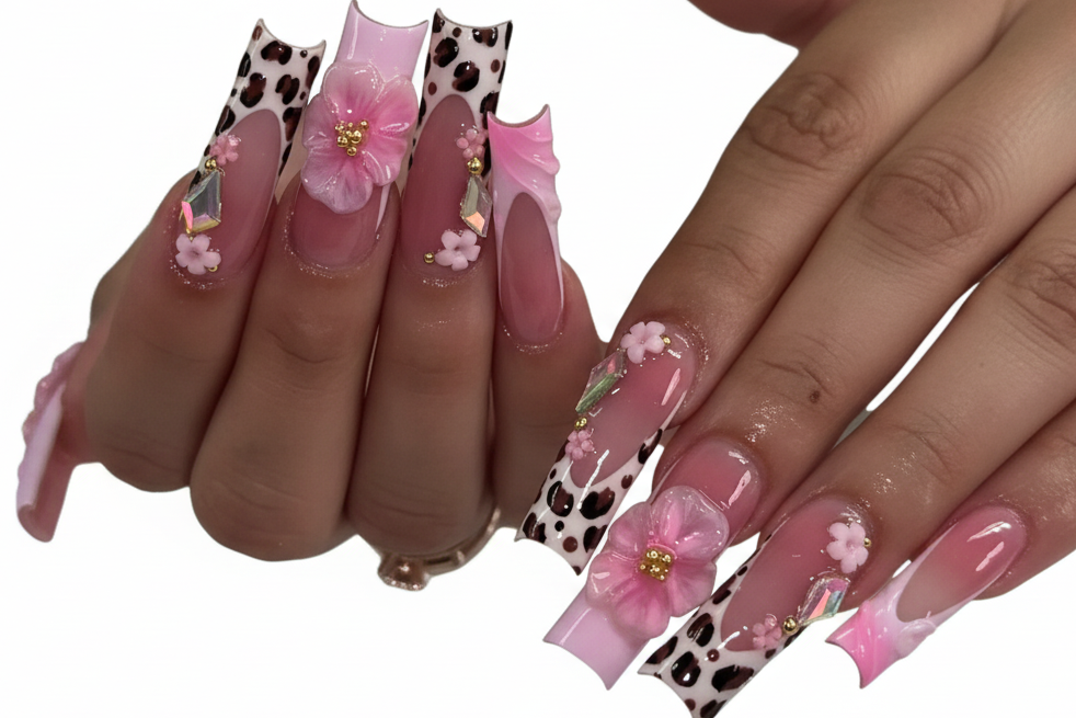 Pink Floral Coffin Press-On Nails – 24-Piece Long French Set