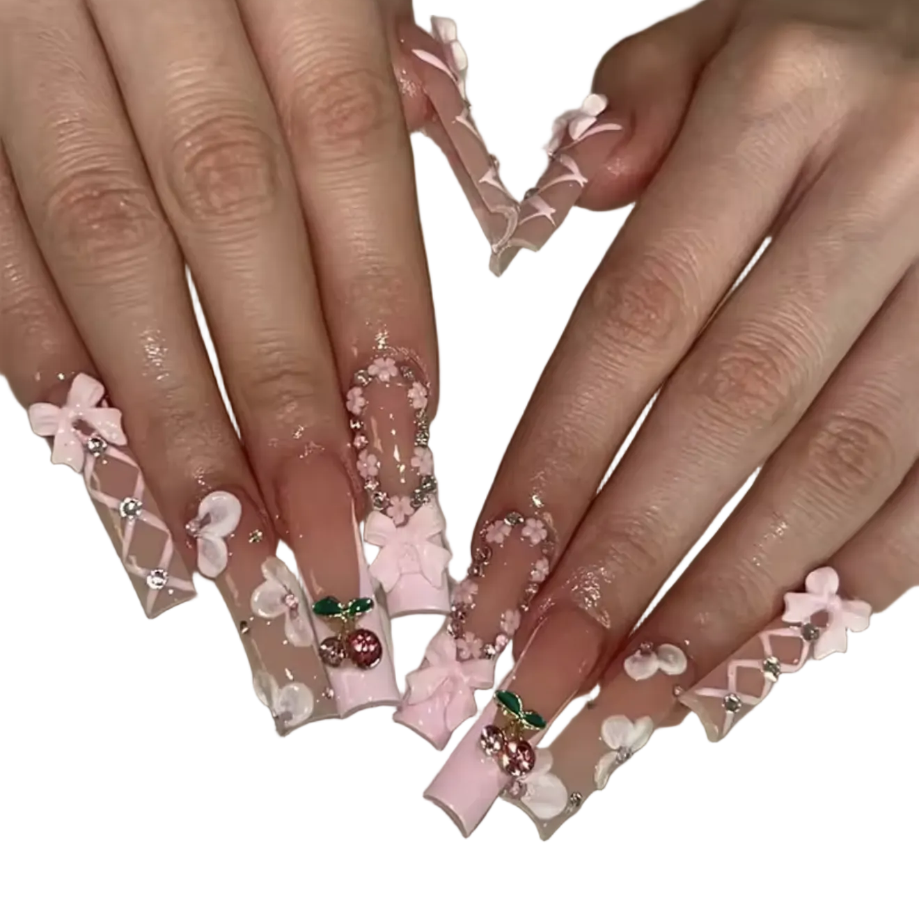 Close-up of hands with decorative nail art on a smartphone screen displaying an AliExpress app.
