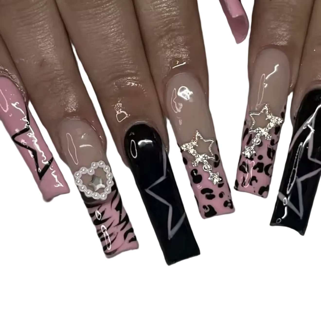 Black & Pink Y2K Star Press-On Nails – 24pc Long Square Glitter Gel Set