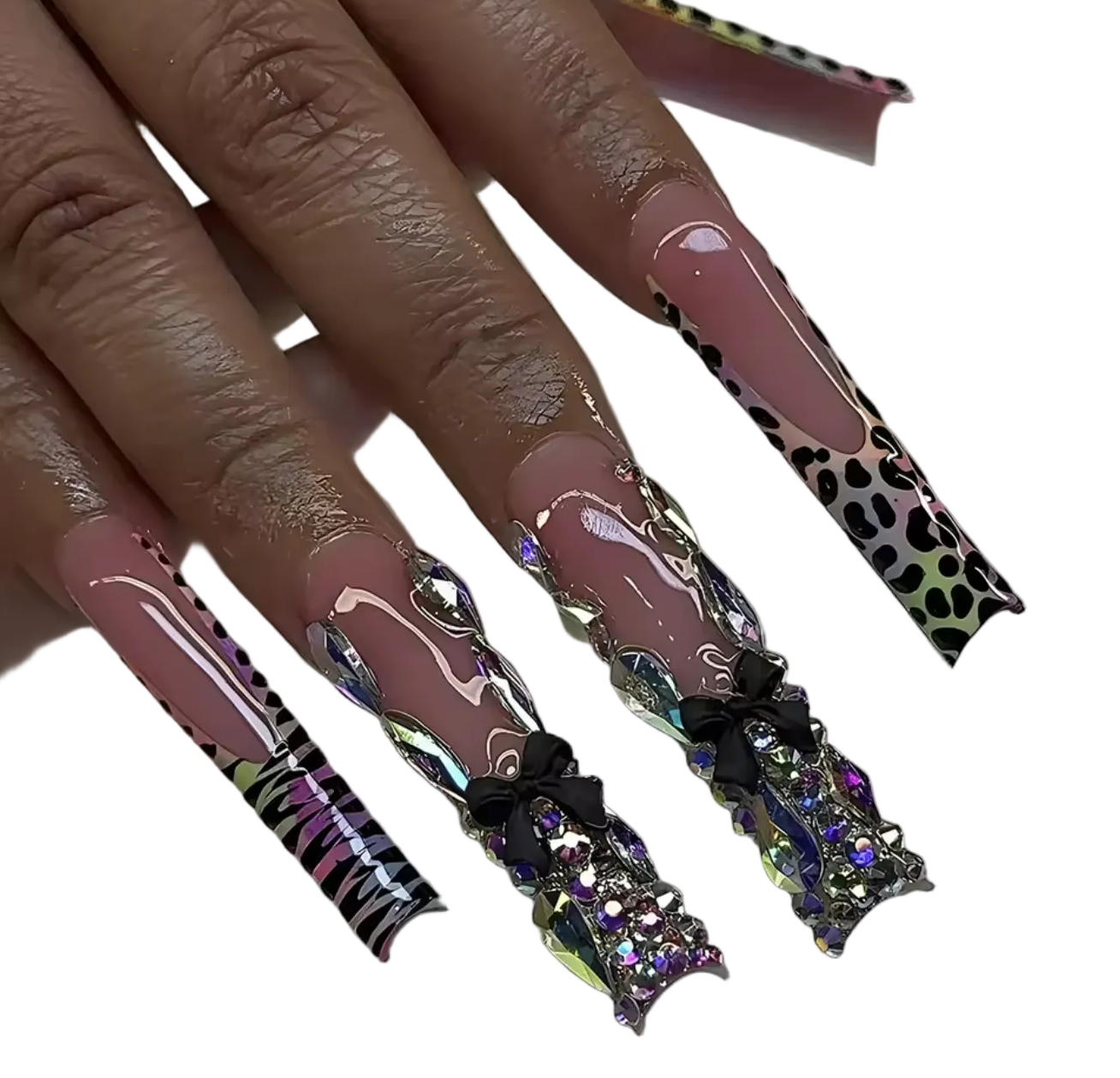 Leopard Glitter Pink Press-On Nails with Rhinestone Bows – 24pc Long Square Set