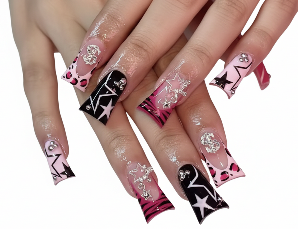 Y2K Punk Duckbill Leopard French Press-On Nails with Star and Rhinestone Accents