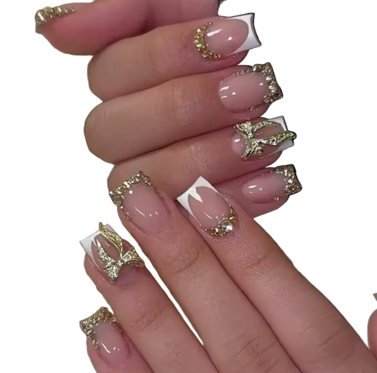 Gold French Press-On Nails with Bowknots & Charms – 24 Piece Set