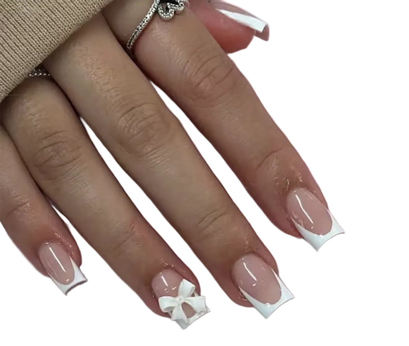 24pcs French Tip Press-On Nails with White Bow and Butterfly Accents