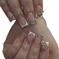 24pcs Pink Glitter Press-On Nails with Rhinestone Bows and Heart Charms