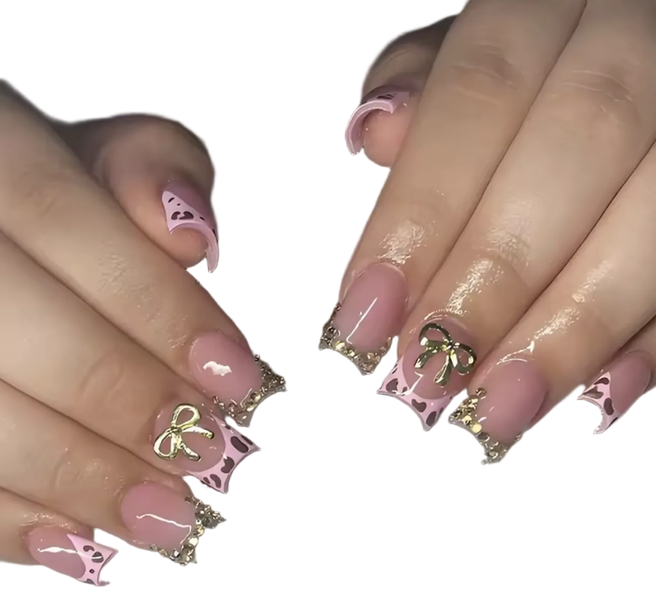 24pcs Pink French Tip Press-On Nails with Bows, Hearts, and Butterfly Charms