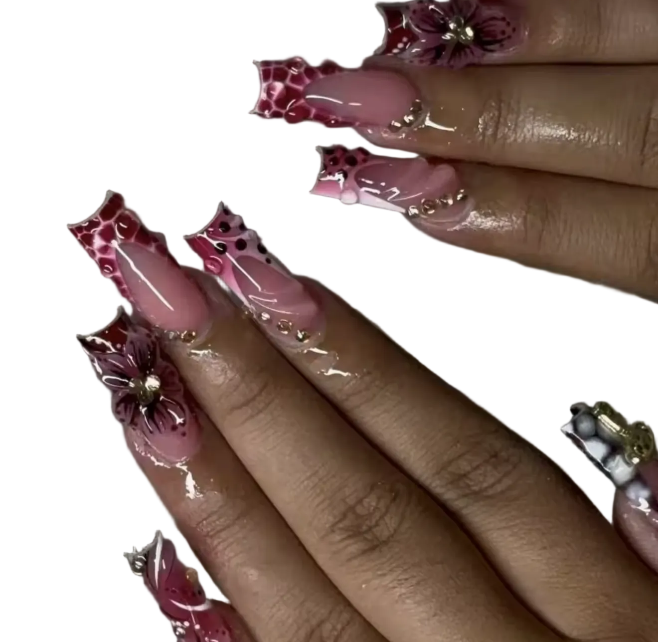 Pink Leopard & 3D Flower Press-On Nails – 24pc Y2K Square Set