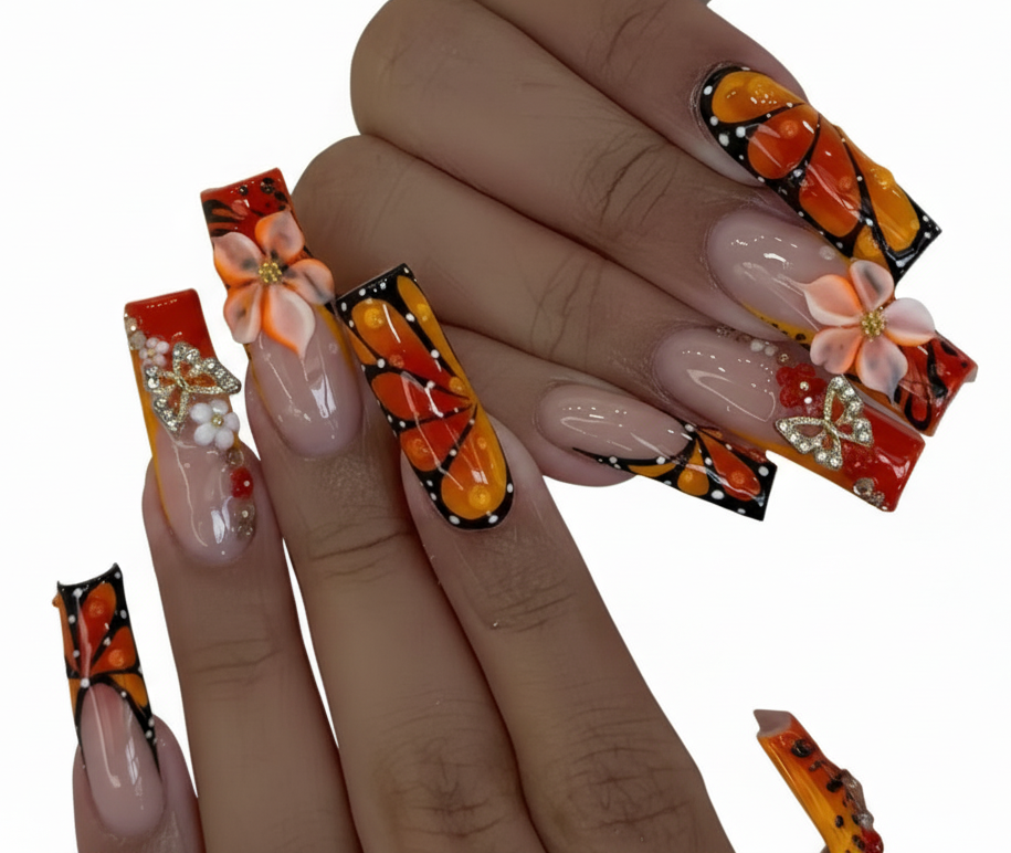 24pcs Orange Butterfly and 3D Flower Press-On Nails with Glitter and Gem Accents