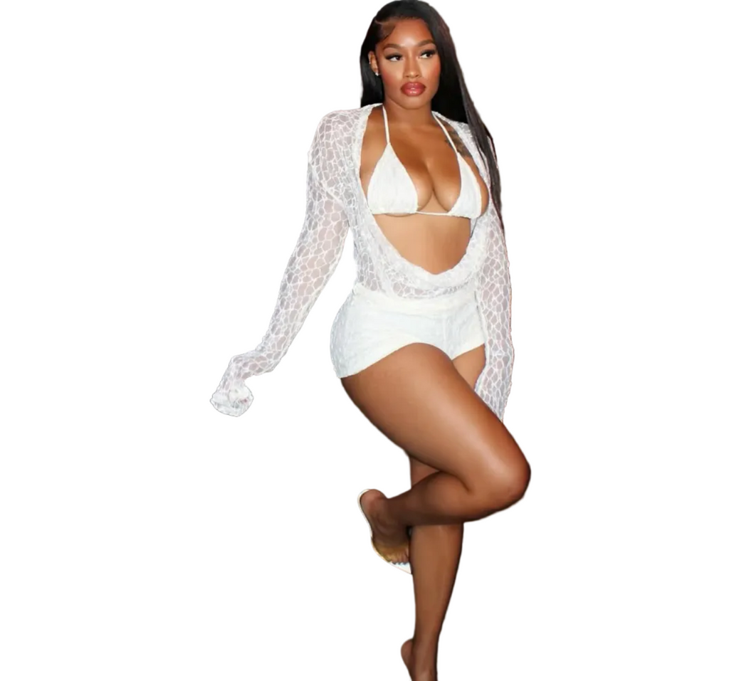 Women's Autumn Sexy Lace Cut-Out Long Sleeve Halter Neck Three-Piece Shorts Set