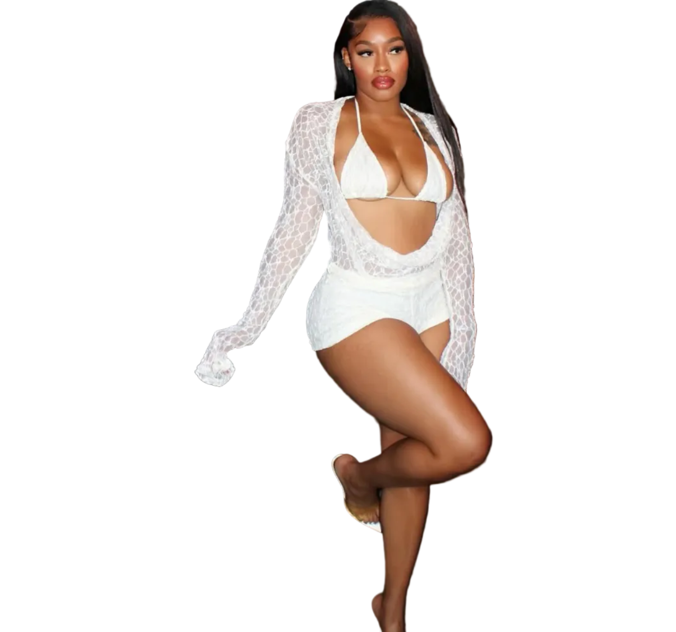 Women's Autumn Sexy Lace Cut-Out Long Sleeve Halter Neck Three-Piece Shorts Set