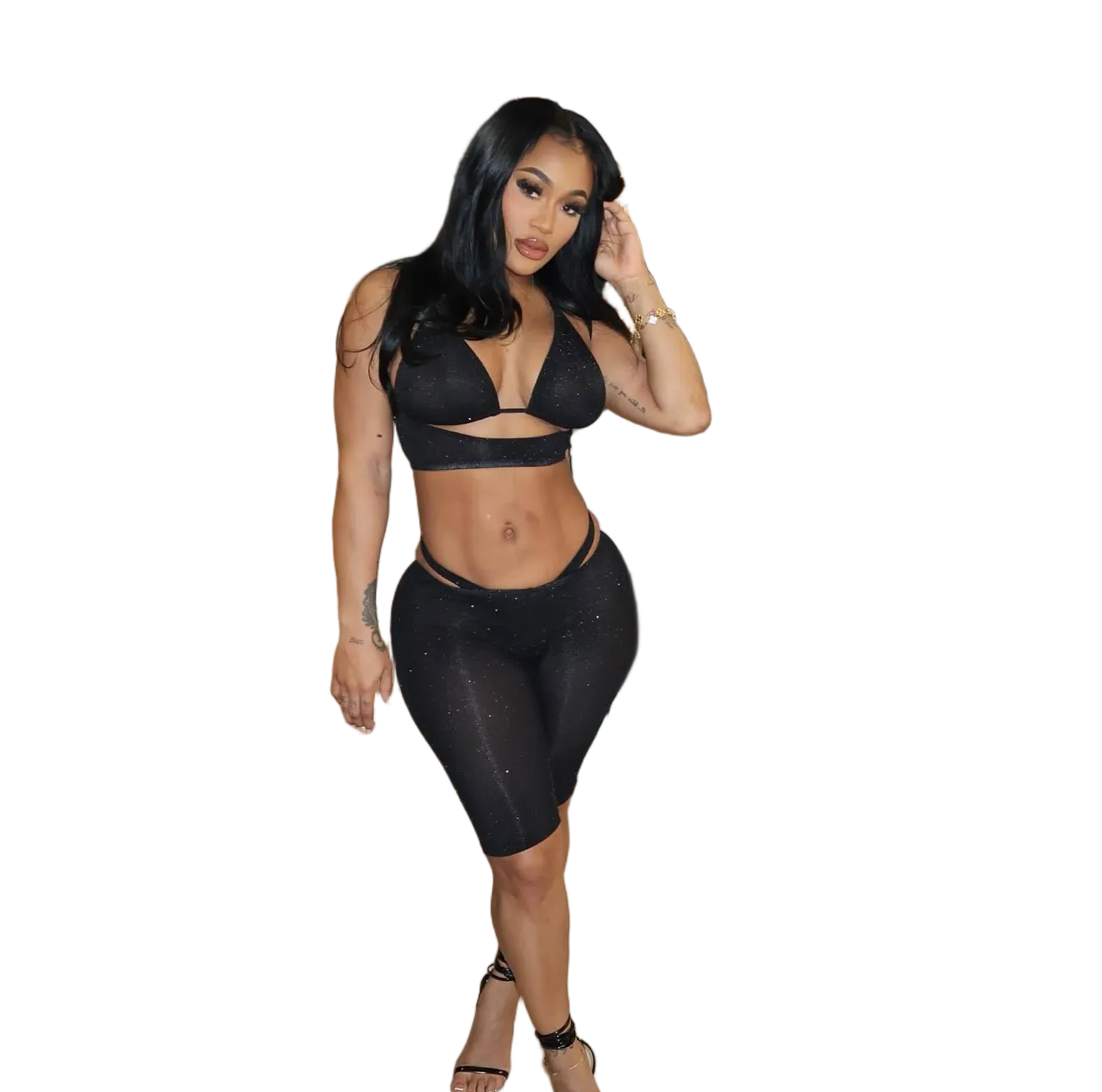 Women Sexy Sequin Bra Panties Pants 4-piece Set