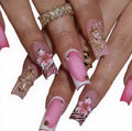 3D Pink Floral Coffin Press-On Nails – 24 Long French Tips with Rhinestone Accents