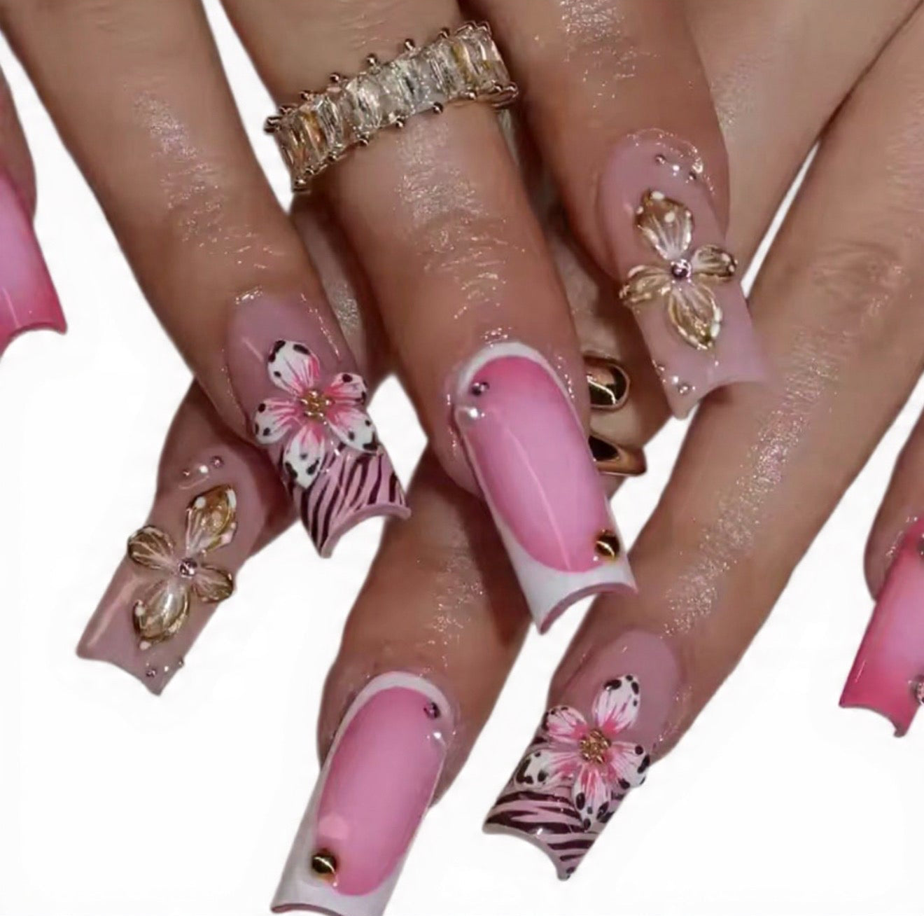 3D Pink Floral Coffin Press-On Nails – 24 Long French Tips with Rhinestone Accents